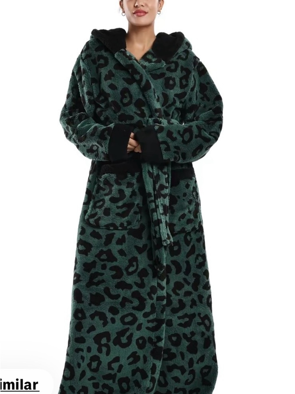 Plush Hooded Leopard-Print Long Robe Coat - Green/Black